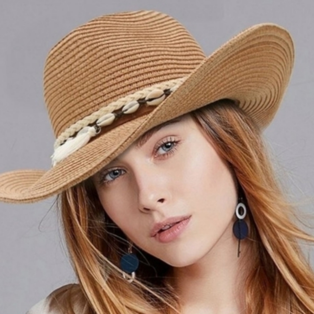 Woven Western Straw Beach Hat Cowrie Cowry Shells Tassels Tinted White Boho - Picture 15 of 15